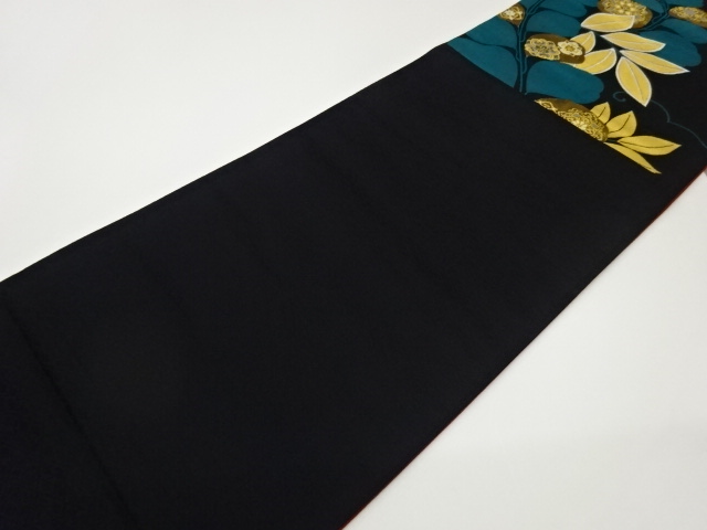  葉に華文模様織出し袋帯